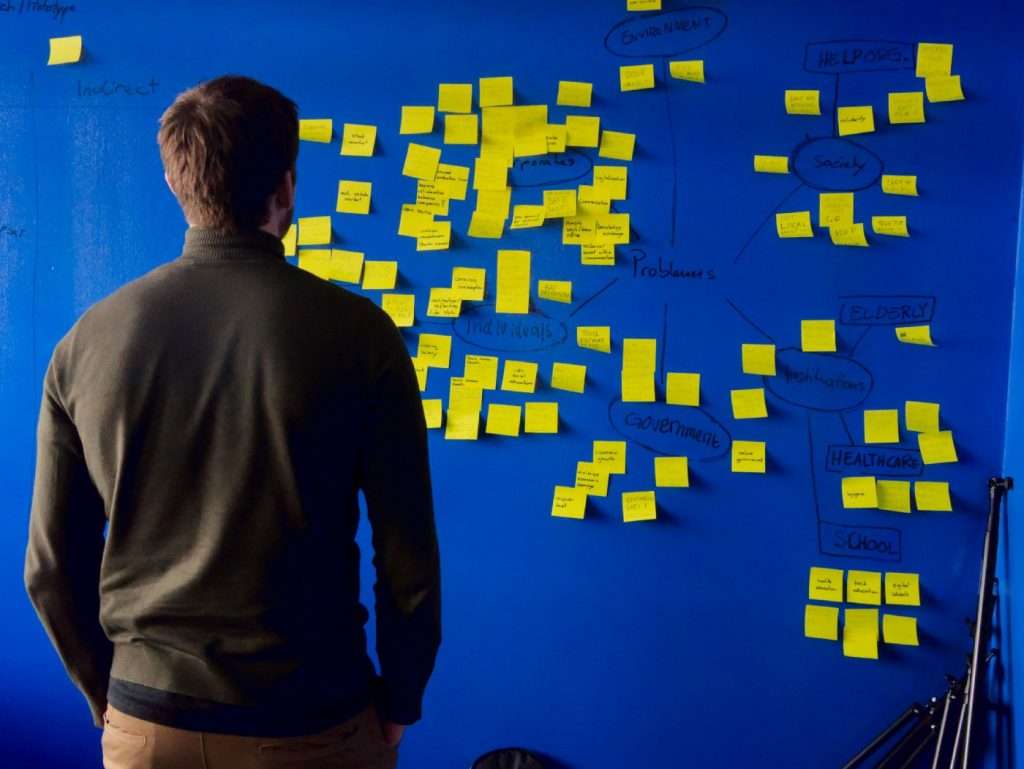 Man brainstorming with post-its