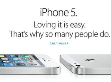Image of an iPhone 5, showing front and side views. The text reads: "iPhone 5. Loving it is easy. That's why so many people do." A "Learn more" link is below. The screen displays app icons. - Choice Hacking Image of an iPhone 5, showing front and side views. The text reads: "iPhone 5. Loving it is easy. That's why so many people do." A "Learn more" link is below. The screen displays app icons.
