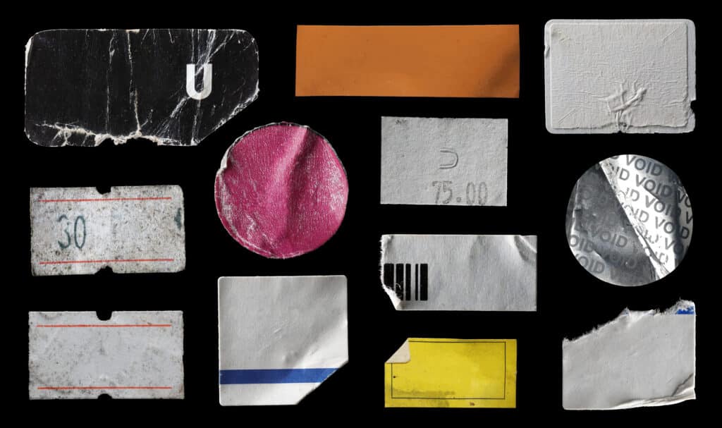 A collection of various torn and weathered stickers with different colors, shapes, and textures, including void labels, price tags, and barcodes, arranged neatly on a black background.