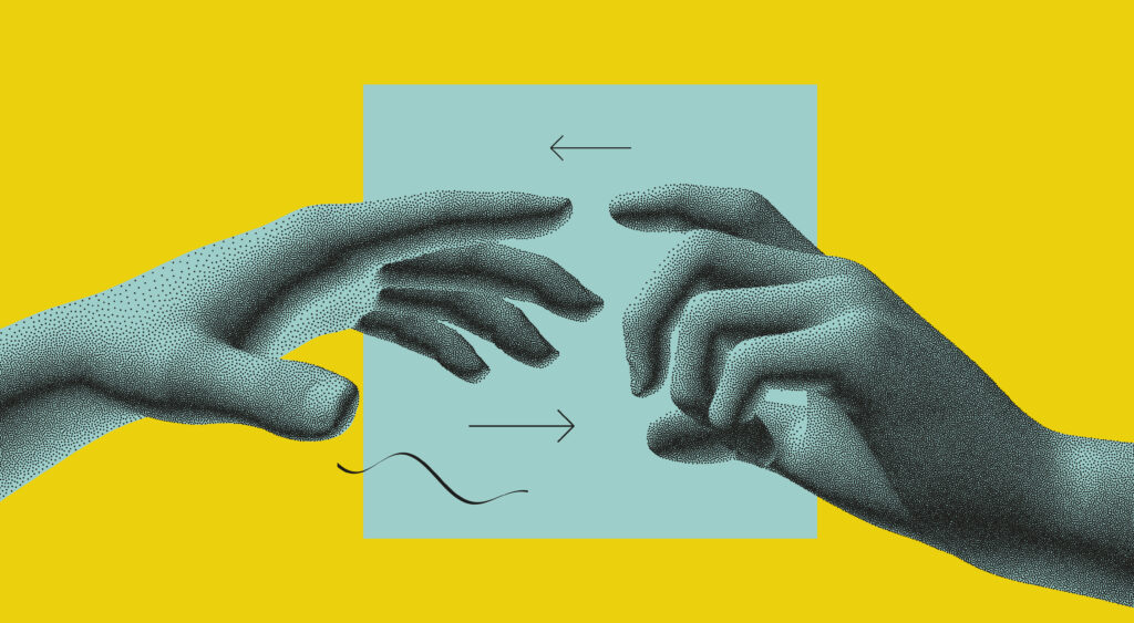 Two stylized hands with a dotted texture reach toward each other against a turquoise rectangle on a bright yellow background, embodying marketing psychology. Arrows above and below suggest movement, while a wavy line beneath hints at the dynamics of consumer behavior.