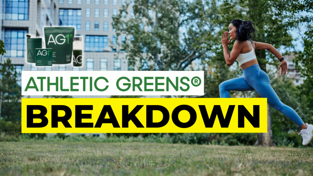 A woman in athletic wear runs energetically outdoors in a park, illustrating consumer behavior in fitness. Athletic Greens AG1 products are featured in the upper left corner. Bold text reads "Athletic Greens Breakdown" against a backdrop of trees and buildings.