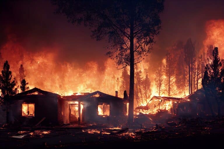 A large wildfire engulfs a wooded area, with flames consuming several houses. Tall trees are silhouetted against the intense orange blaze, and thick smoke fills the sky, creating a dramatic and destructive scene.
