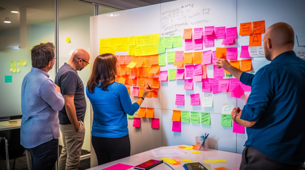 Four people collaborate in an office, standing in front of a whiteboard covered with colorful sticky notes. They are actively discussing and rearranging notes, indicating a brainstorming or planning session. Papers and tablets are on a nearby table.