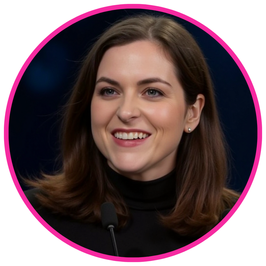 A woman with straight brown hair, wearing a black top, smiles while speaking into a microphone. She is framed by a pink circular border against a dark background. - Choice Hacking A woman with straight brown hair, wearing a black top, smiles while speaking into a microphone. She is framed by a pink circular border against a dark background.